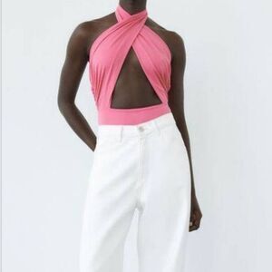 ZARA NWOT Cut out Pink bodysuit Size Large